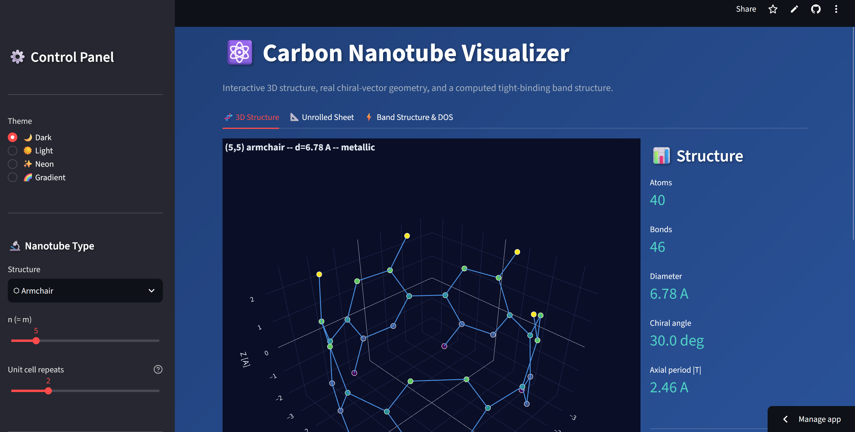 Interactive 3D view of a (5,5) armchair carbon nanotube, with the computed structure panel (atoms, bonds, diameter, chiral angle, axial period)
