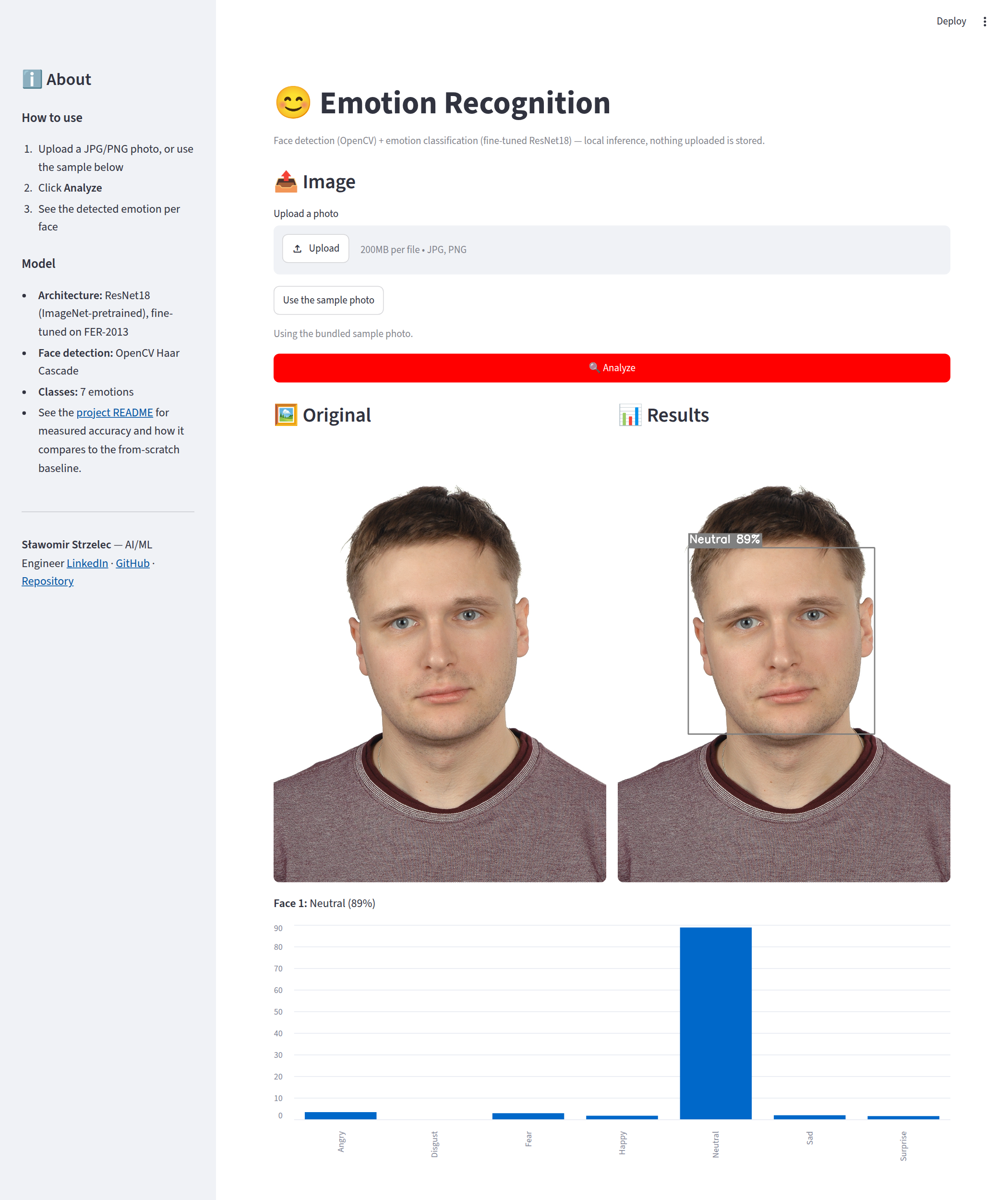 App: original photo, detected face with predicted emotion, and per-class probabilities