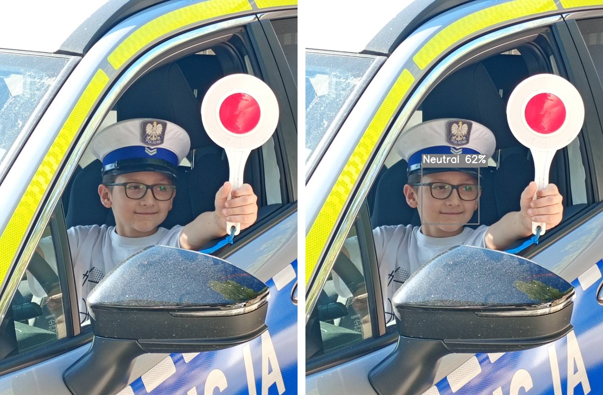 Original photo and the app's result: detected face with the predicted emotion